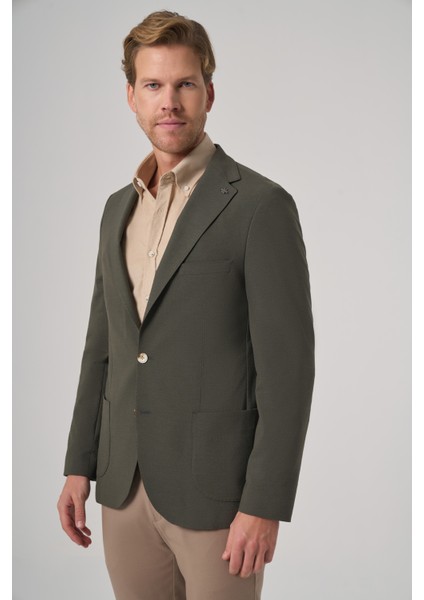 Erkek Haki Trend Slim Fit Mono Yaka Ceket