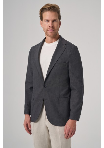 Erkek Antrasit Yünlü Slim Fit Mono Yaka Ceket