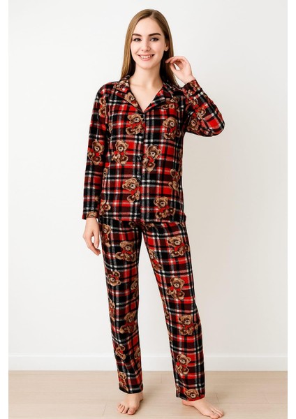 Kadın 0337 Uzun Kol Süet Önü Düğemli Pijama Takımı Bordo