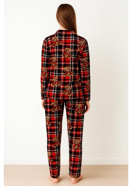 Kadın 0337 Uzun Kol Süet Önü Düğemli Pijama Takımı Bordo fiyatları