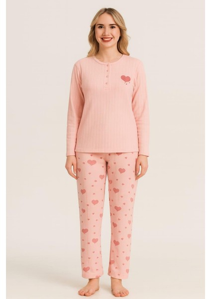 Kadın 0112 Raporlu Interlok Pijama Takımı Somon