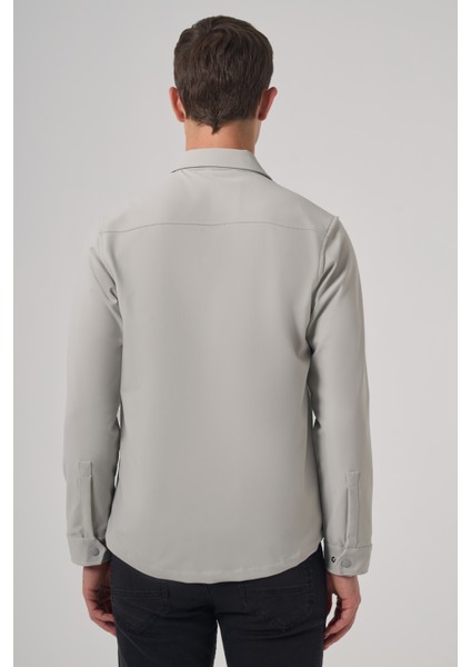 Erkek Gri Polyester Trend Düz Dynamic Fit Berberi Yaka Gömlek Ceket