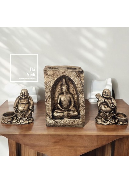 Buda Figürlü 3'lü Mumluk Seti, Meditasyon Temalı Dekoratif Obje, Ev Hediyesi Biblo 77-2