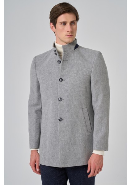 Erkek Gri Yünlü Düz Dynamic Fit Hakim Yaka Kaban