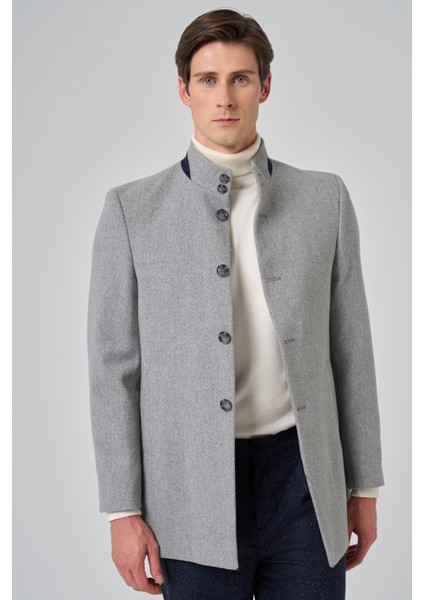 Erkek Gri Yünlü Düz Dynamic Fit Hakim Yaka Kaban modelleri