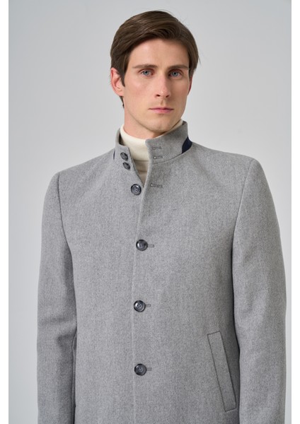 Erkek Gri Yünlü Düz Dynamic Fit Hakim Yaka Kaban fırsatları