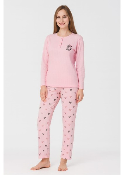 Kadın 0386 Raporlu Interlok Uzun Kol Pijama Takımı Gül Kurusu