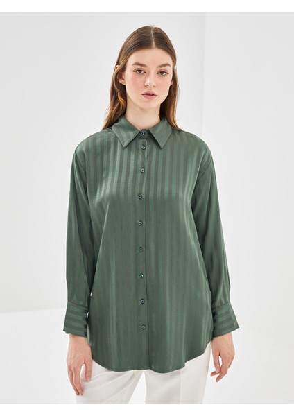 Yeni Sezon Çizgili Saten Kadın Gömlek Tunik