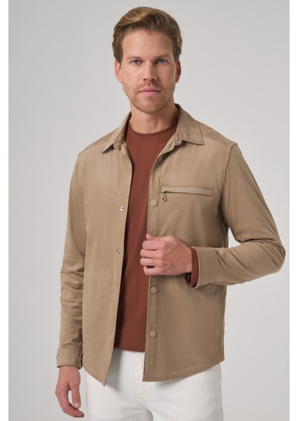 Erkek Vizon Polyester Trend Düz Dynamic Fit Berberi Yaka Gömlek Ceket