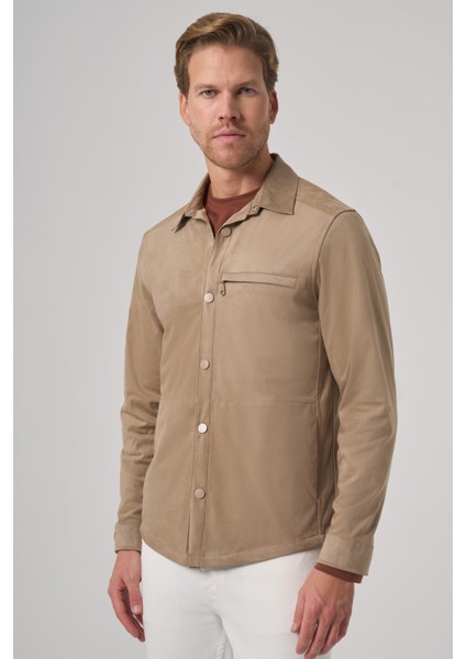 Erkek Vizon Polyester Trend Düz Dynamic Fit Berberi Yaka Gömlek Ceket fiyatları