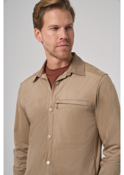 Erkek Vizon Polyester Trend Düz Dynamic Fit Berberi Yaka Gömlek Ceket modelleri