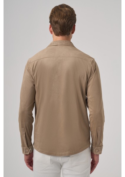 Erkek Vizon Polyester Trend Düz Dynamic Fit Berberi Yaka Gömlek Ceket indirimleri