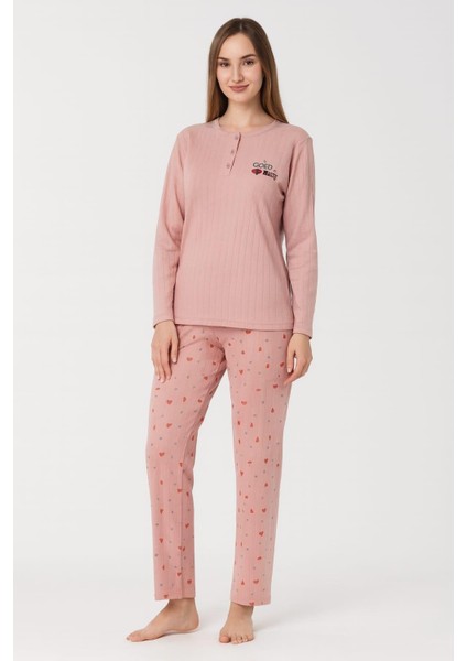 Kadın 0382 Raporlu Interlok Uzun Kol Pijama Takımı Pembe