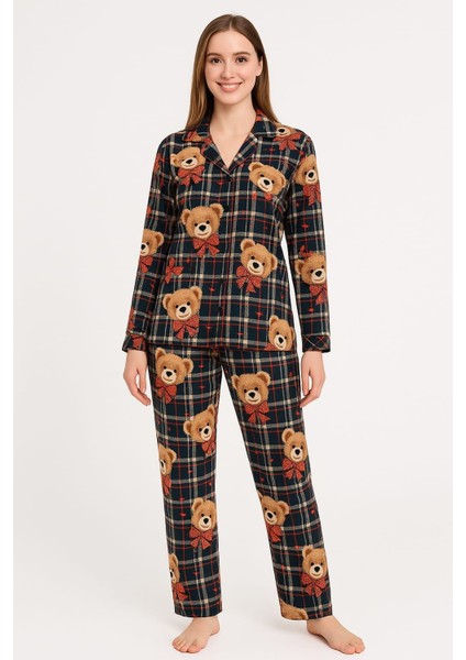 Kadın 0263 Düğmeli Uzun Kol Süet Pijama Takımı Yeşil