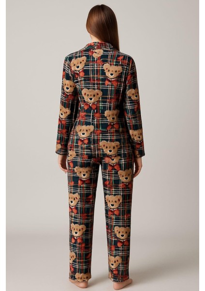 Kadın 0263 Düğmeli Uzun Kol Süet Pijama Takımı Yeşil fiyatları