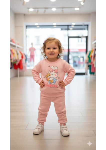 Kız Çocuk Baskılı Manşetli Sweat Takım