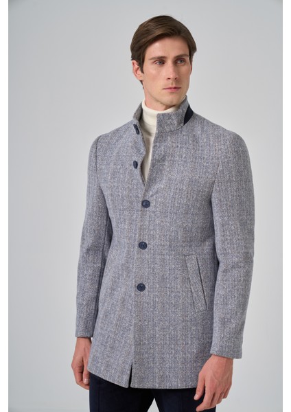 Erkek Lacivert Balık Sırtı Desen Hakim Yaka Dynamic Fit Kaban