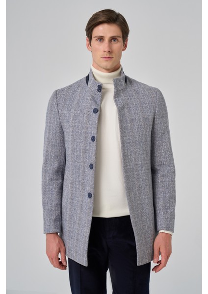 Erkek Lacivert Balık Sırtı Desen Hakim Yaka Dynamic Fit Kaban modelleri