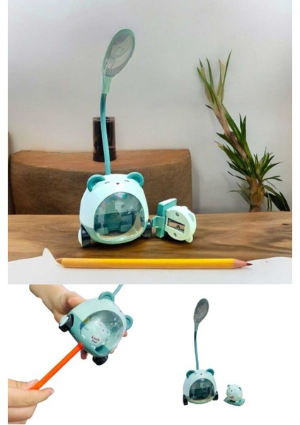 Sevimli Ayıcık Çocuk Masa Gece Lambası - Hazneli Kalem Traşlı Kalemlik Masa Lambası