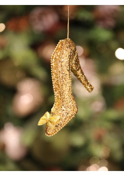 Yılbaşı Ağaç Süsü Işıltılı Simli Topuklu Ayakkabı Asılabilir Dekoratif Süs Altın 14 cm