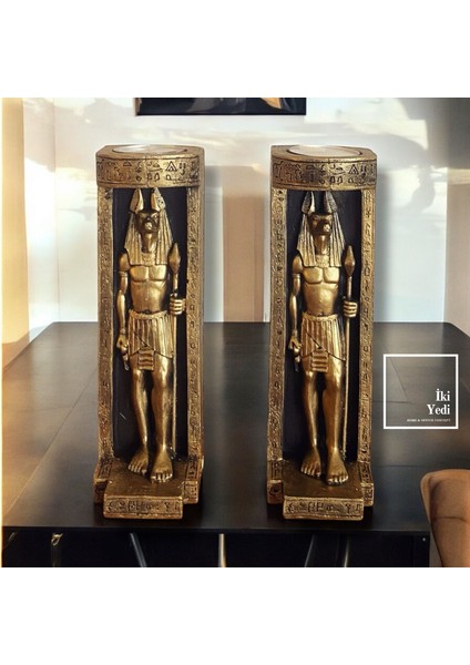 Anubis Figürlü 2'li Mumluk Şamdan, Antik Mısır Temalı Dekoratif Obje, Ev Ofis Hediyelik Eşya