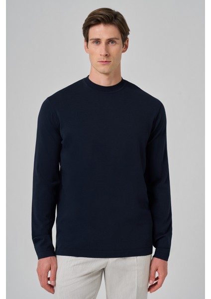 Erkek Lacivert Trend Bisiklet Yaka Rayon Triko