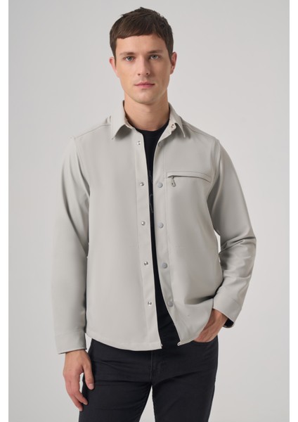 Erkek Gri Polyester Trend Düz Dynamic Fit Berberi Yaka Gömlek Ceket