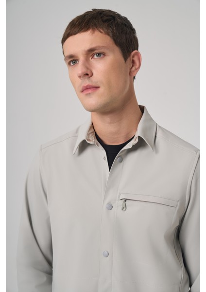 Erkek Gri Polyester Trend Düz Dynamic Fit Berberi Yaka Gömlek Ceket modelleri