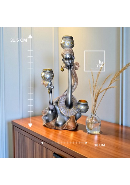 Sochka Afrika Temalı Kadın Figürlü Şamdan Biblo, Dekoratif Ev ve Ofis Aksesuarı Ev Hediyesi Objeler