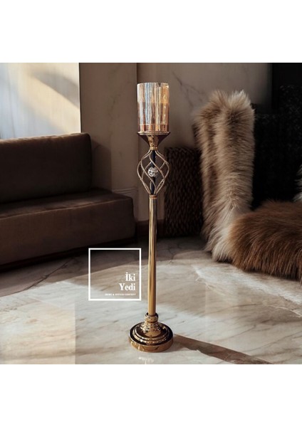 Ellis 77-1 90 cm Metal Gold Ayaklı Şamdan, Bal Köpüğü Renk Lüks Mumluk, Ev Ofis Dekoratif Obje