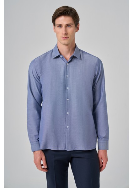 Erkek Lacivert Trend Jakar Desen Sert Yaka Regular Fit Gömlek modelleri