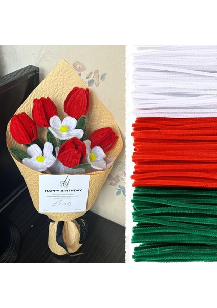 150 Adet Kırmızı, Beyaz, Koyu Yeşil Renkli Şönil , Çiçek Yapım Seti, Tüylü Tel, 30 Cm, Peluş Tel