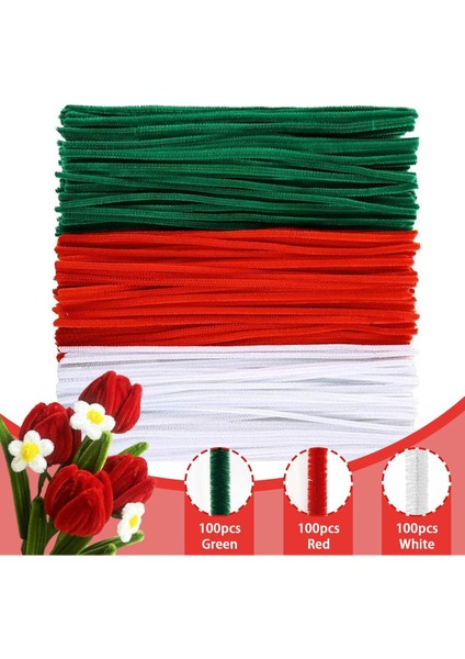150 Adet Kırmızı, Beyaz, Koyu Yeşil Renkli Şönil , Çiçek Yapım Seti, Tüylü Tel, 30 Cm, Peluş Tel modelleri