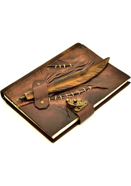 Hakiki Deri Kalemli Kahve Şamua Kağıt Eskitme El Yapımı Hediyelik Anı Günlük Ajanda A5