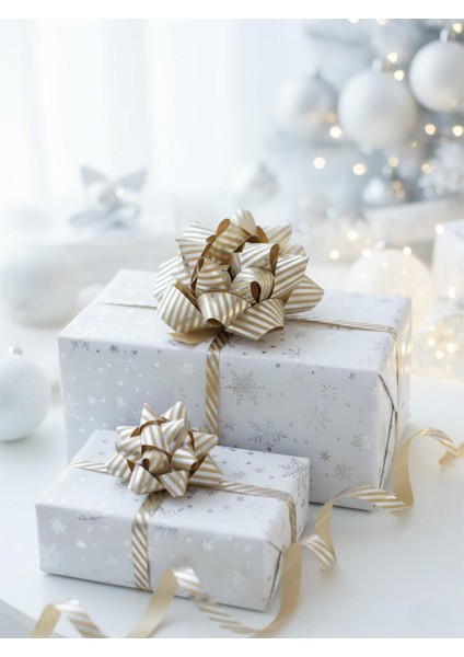 Hediye Paketleme Seti Kağıt Fiyonk ve Kurdele Kraft- Gümü Çizgili 3'lü