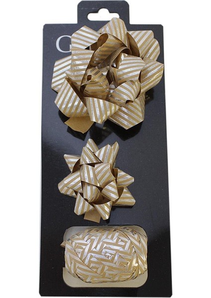 Hediye Paketleme Seti Kağıt Fiyonk ve Kurdele Kraft- Gümü Çizgili 3'lü modelleri