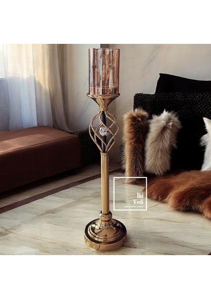 Ellis 77-3 70 cm Metal Gold Ayaklı Şamdan, Bal Köpüğü Renk Mumluk, Lüks Ev Ofis Dekorasyonu