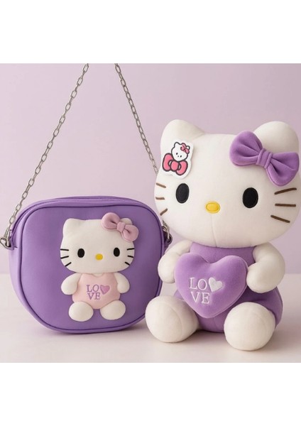 Hello Kitty Mor Peluş Oyuncak 35CM + Deri Çanta – Şık Hediye Seti
