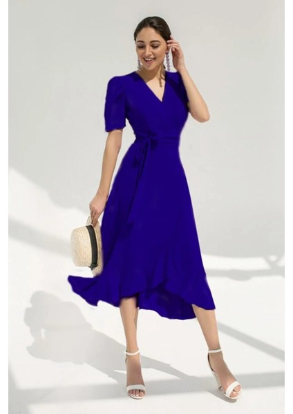 Kadın Kruvaze Yaka Midi Boy Kuşaklı Krep Elbise 120 cm modelleri