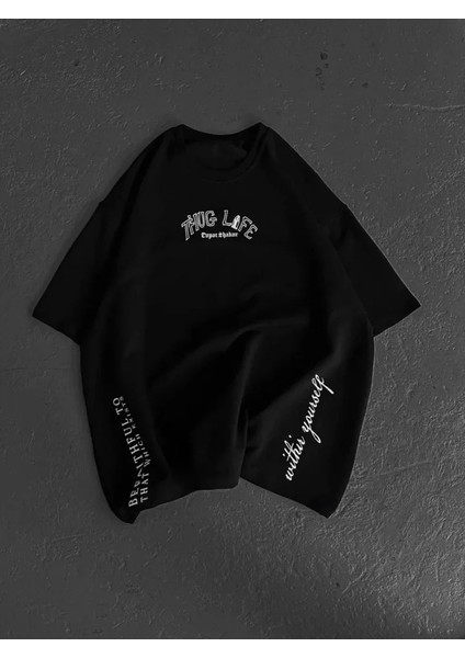 Unisex Baskılı Oversize T-Shirt - Siyah fırsatları