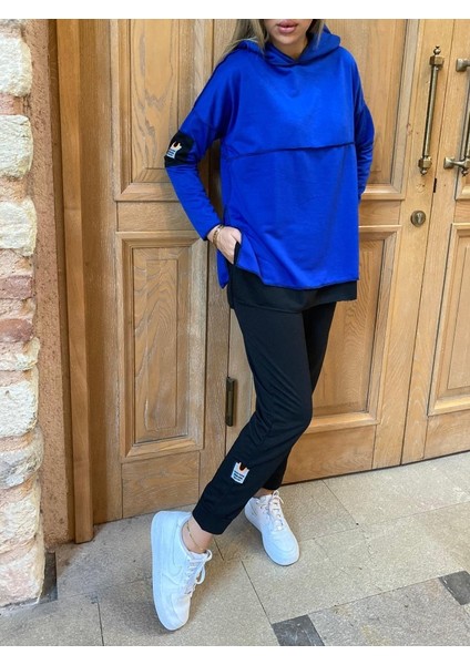 Kadın Kapşonlu Etek Ucu Detay Armalı Ters Dikiş Gorunumlu Ikili Takım