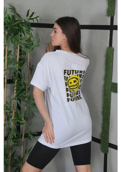 Unisex Bisiklet Yaka Baskılı Oversize T-Shirt - Beyaz fiyatları