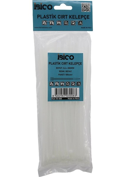 Beyaz 3.6X200MM Plastik Cırt Kelepçe 100PCS (5361)