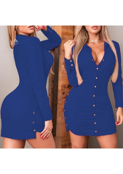 Kadın Uzun Kollu Polo Yaka Ön Kısım Çıtçıtlı Düğme Detay Scuba Krep Mini Boy Elbise modelleri
