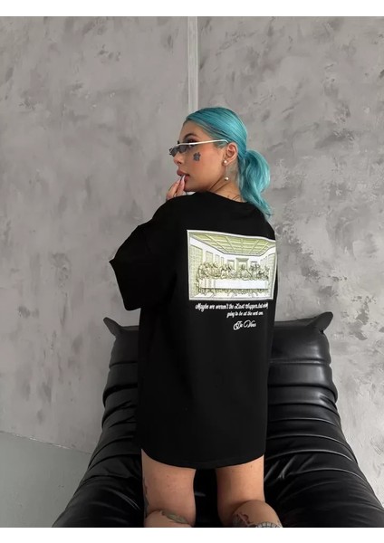 Unisex Baskılı Oversize T-Shirt - Siyah modelleri