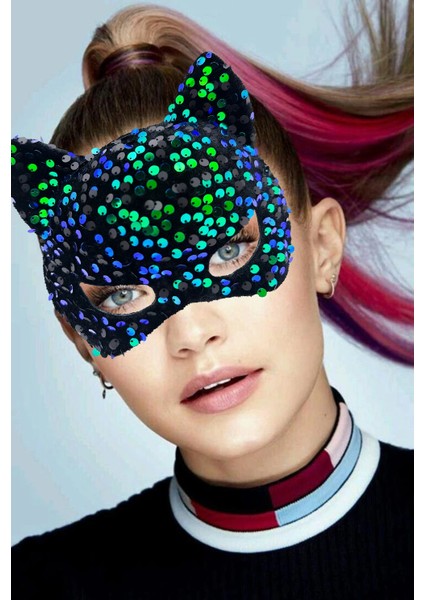 Siyah Kadife Kumaş Üzerine Mavi Yeşil Payetli Pullu Parti Maskesi 16X14 cm fiyatları