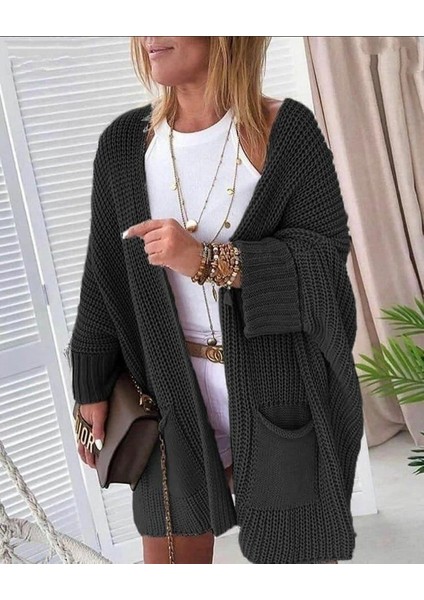 Buğrahayalin Kadın Oversize Kalıp Cep Detay Salaş Triko Hırka