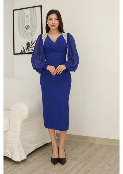 Işlemeli Omuz Detaylı Balon Kollu Kruvaze Yaka Midi Elbise 2326-SAKS