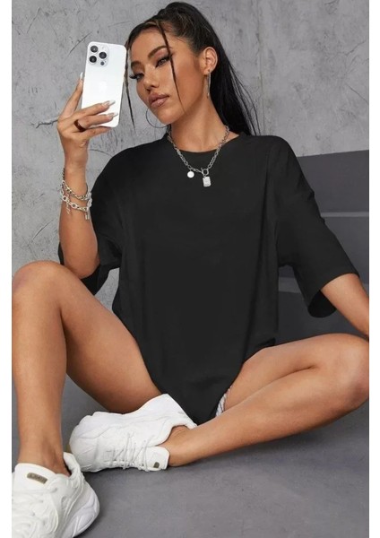 Unisex Baskılı Oversize T-Shirt - Siyah fiyatları