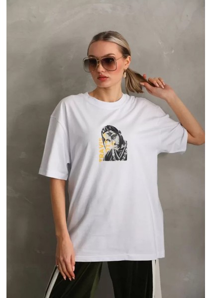 Unisex Baskılı Oversize T-Shirt - Beyaz fırsatları